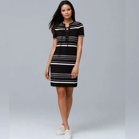 White House Black Market Short-Sleeve Stripe Lace-Up Knit Shift Mini Dress Small - Picture 5 of 13